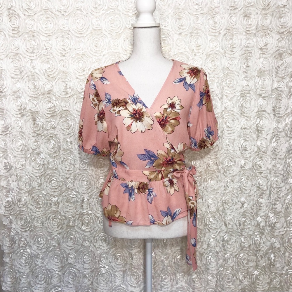 One Clothing Floral Print Wrap Ruffled Hem Blouse